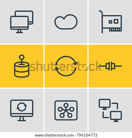 Vector illustration of 9 network icons line style. Editable set of solve, synchronize, card and other elements.