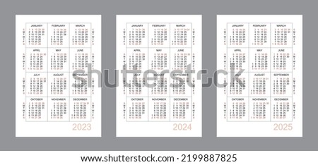Vertical calendar for 3 years - 2023, 2024, 2025. Simple calendar grid isolated on a white background, Sunday to Monday, business template. Yearly calendar ready for print. Vector illustration.