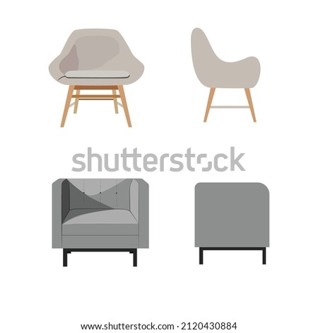 Vector color grey and soft pink chair with shadow on the left side. Furniture with feet and comfy. Sofa's flat design.