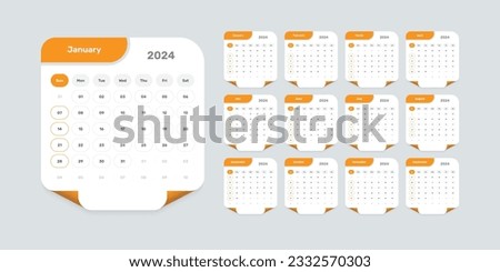 Abstract designed modern calendar template of 2024 with accurate date format and page curl effect shape