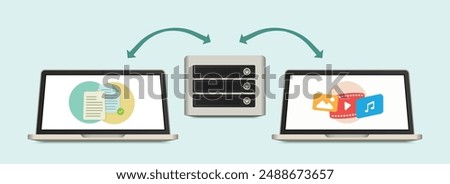 Home server data transfer concept with two laptops sharing multimedia and documents with network attached drive