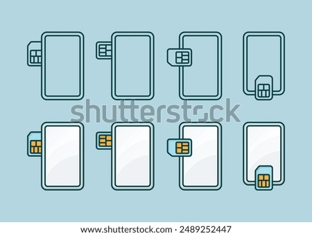 Various sim card insert position representative minimalist flat illustration with outline