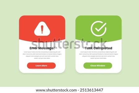 Minimalist Popup Design for Error Messages and Task Completion Screens with Action Buttons