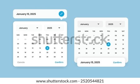 Modern date picker calendar popup layout design with two variations for mobile and web interface design