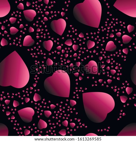 Rose gradient hearts at black background. seamless background.