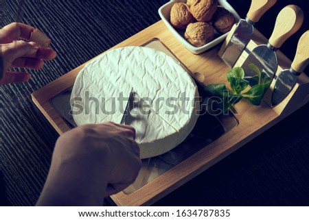 Closeup on woman cutting fresh cheese. Сток-фото © 