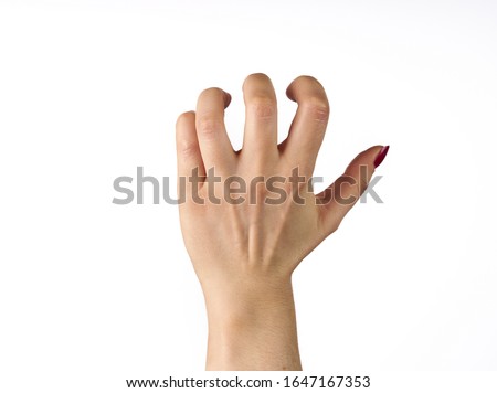 Photo of hand of a woman trying to reach or grab something. fling, touch sign. isolated on white background.
