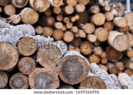 Natural wooden background - closeup of chopped firewood. Firewood stacked and prepared for winter Pile of wood logs. Stockfoto © 
