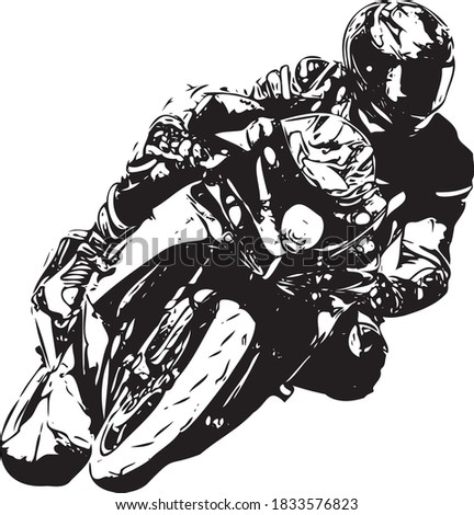 Motorcyclist at sport bike rides by empty asphalt road. sport bike. Vector Stockfoto © 