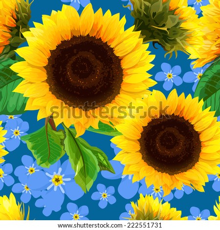 seamless pattern of sunflowers with forget-me-not flowers