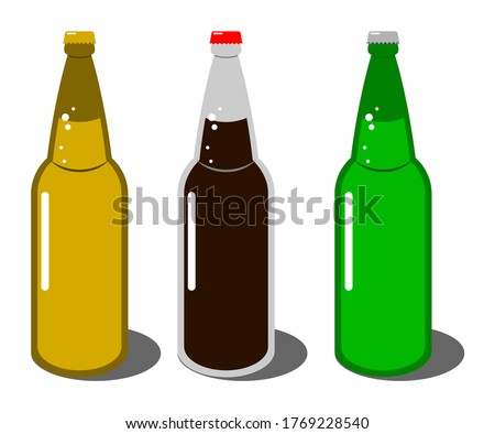 3 Different Color Glass Bottles. Flat Vector Design. Party, Celebration Concept