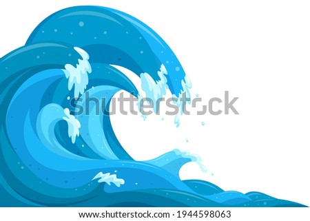 Tsunami waves background. Flood ocean waves in cartoon style. Vector illustration in white background