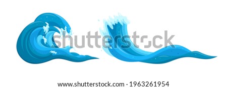 Flooing water elements. Ocean tsunami waves set. Cartoon vector illustrations isolated on white background