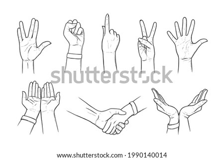 Hand gestures of peace, Vulcan greeting and salute. Handshakes, gestures asking for help and care in sketch style. Black vector illustration isolated in white background