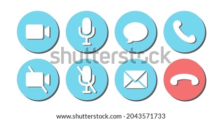 Virtual hangouts icons for conference call. Shadowed on and off video, sound, message, mail and call icons isolated on white background. Flat vector illustration