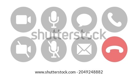 Virtual hangouts icons for conference call. On and off video, sound, message, mail and call icons isolated on white background. Flat vector illustration