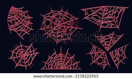 Spider web set isolated on dark background. Spooky Halloween red cobwebs. Outline vector illustration