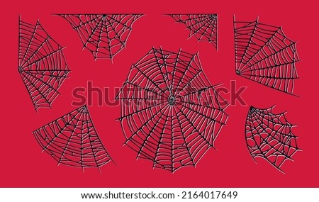 Spider web set isolated on red background. Spooky Halloween red cobwebs. Outline vector illustration