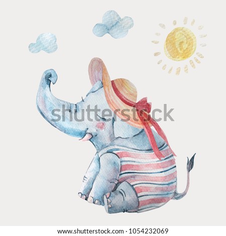 Cute baby elephant in swimsuite and large brimmed hat under sun isolated on background. Cartoon hipster animal character. Watercolor nursery illustration. Hand drawn childish art
