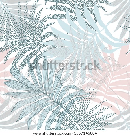 Tropical nature seamless pattern. Hand drawn silhouettes, line art, half tones of palm leaves background for textile, fabric, wallpaper. Vector art illustration in retro pastel colors
