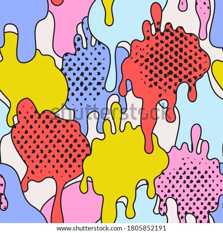Comic dripping blots background in pop art, graffiti style. Funky paint drips, staines, drops seamless pattern. Bold vector illustration for unusual contemporary design