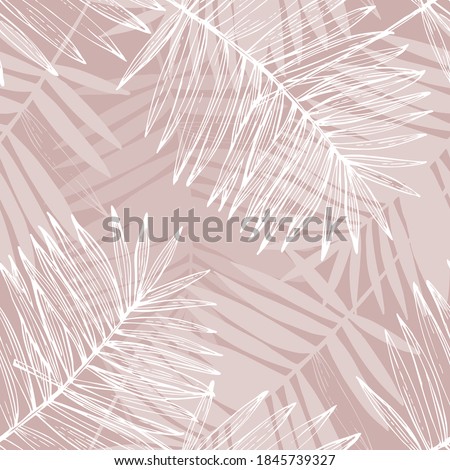 Abstract tropical foliage background in pink rose blush colors. Palm leaves line art seamless pattern. Creative tropics illustration for swimwear design, wallpaper, textile. Vector art