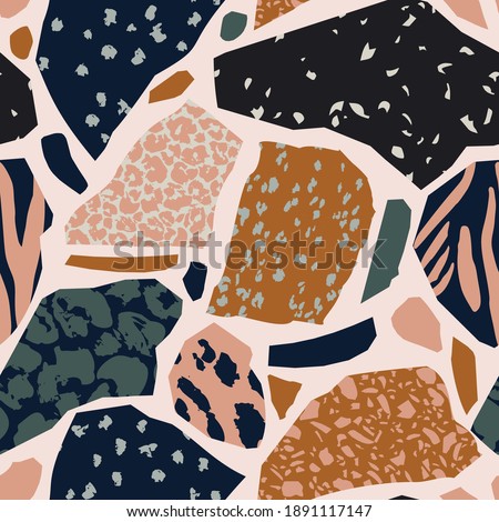 Unusual cut outs with animal skin seamless pattern. Leopard`s spotted fur texture and geometric shapes background in cool nordic colors. Trendy vector illustration for surface wrapping, fabric design Сток-фото © 