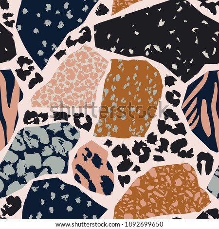 Unusual cut outs with animal skin seamless pattern. Leopard`s spotted fur texture and geometric shapes background in cool nordic colors. Trendy vector illustration for surface wrapping, fabric design