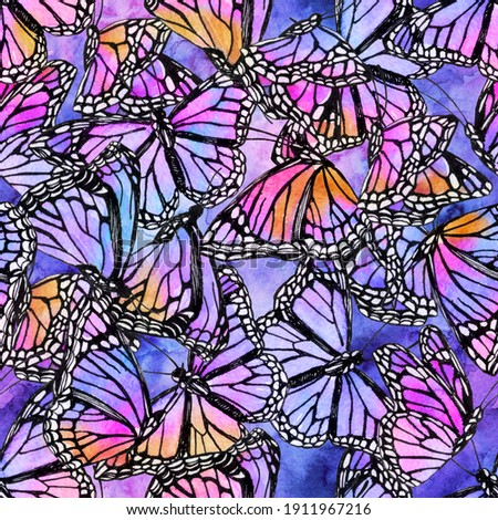 Beautiful watercolor butterflies on galaxy background. Hand drawn butterfly shapes seamless pattern. Watercolor insects illustration for wallpaper, textile, fabric design
