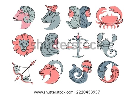 Astrological zodiac signs vector illustration. Horoscope symbols, icons set: aries taurus gemini cancer leo virgo libra scorpio sagittarius capricorn aquarius pisces. Astrology logo, calendar print