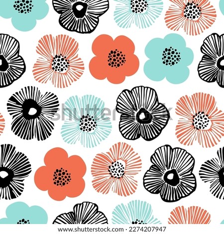 Abstract simple flowers in a row print. Bold daisy flowers and dotted doodle texture background. Trendy collage seamless pattern for fashion design, floral prints, wallpaper