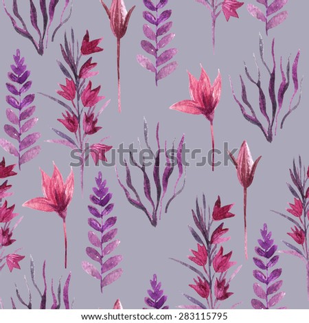 Seamless pattern with pink flowers and herbs. Watercolor hand painted illustration.
