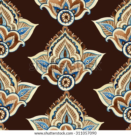 Watercolor indian ornament with hand painted paisley elements. Ethnic seamless pattern with vertical orientation