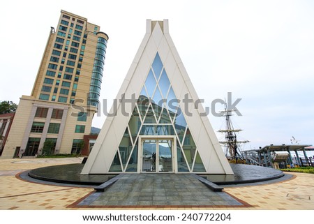 WHITE CHAPEL AT DISCOVERY BAY, HONG KONG - DEC 6: The white chapel at discovery bay, Hong Kong on Dec 6, 2014. Standing at a stately 16 m, it is a prominent, elegant icon on the Discovery Bay horizon.