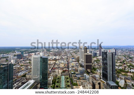FRANKFURT, GERMANY - APR 27: The daylight skyline view of Frankfurt on April 27, 2014 in Germany. Frankfurt is the fifth-largest city in Germany. The photo is shooting at the top of the Main Tower.