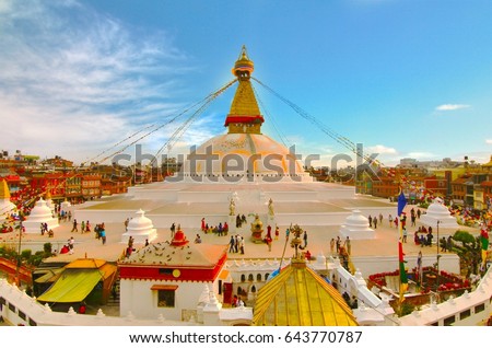 Sunset at the boudhanath stupa kathmandu nepal 商業照片 © 