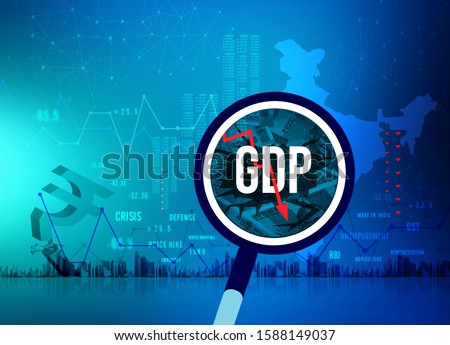 GDP growth downfall, slow down concept, India economic crisis, unemployment,  rupee downfall illustration, Indian rupee background, loss, rupee currency, India recession ストックフォト © 