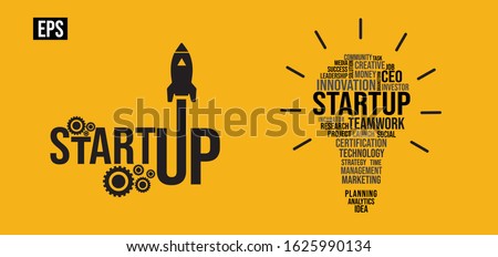 Startup business Vector illustration typography, word lettering, startup logo, symbol icon EPS illustration with bulb, rocket, isolated on yellow background