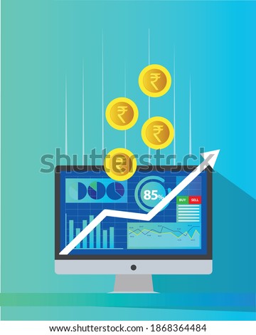 stock market user interface with up arrow and falling Indian rupee coins vector illustration, stock market trading, online money making, return on investment concept
 
