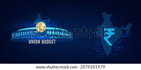 union budget illustration, with Indian map, Parliament and Indian rupee, Indian economy