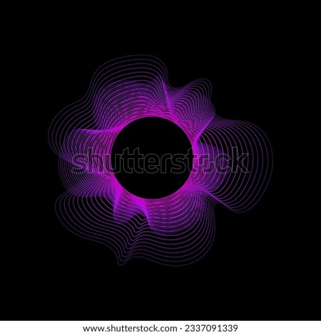 Circle of sound waves. Neon round music sound wave for equalizer. Radial sound wave curve with light particles. Clipart of colorful radio frequency sound lines. Vector illustration.