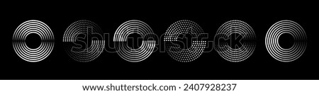 Set of halftone circular dotted frames, Minimalistic geometric logo. Circle dots texture isolated on black background. Vector abstract design element.