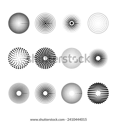 Abstract circles from dots fading to the center. Set of point spray or brush vector objects on white background.