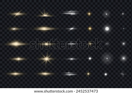 Glowing particles of light, Glare and twinkle of stars set, Starburst and light particles bokeh effect on transparent background. Vector illustration design elements.