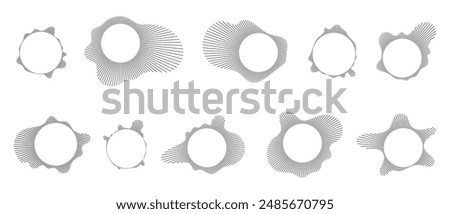 Music equalizer and sound wave. Circular sound waves, depicting audio music,icons and logos for equalizers, radial spectrum designs, ring patterns. Vector illustrations isolated on white background.