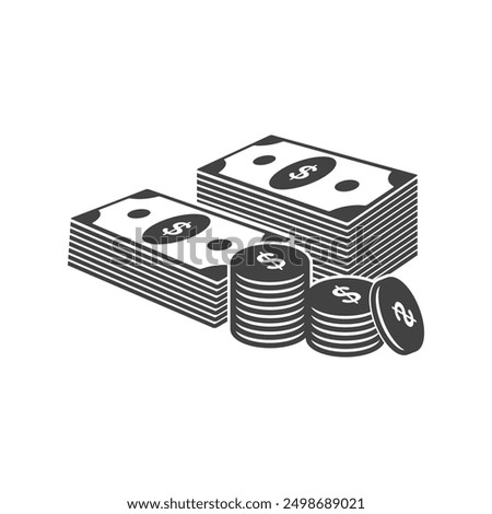 Banknotes cash stack dollar and coins cents icons. Money currency bill silhouette. Vector design elements isolate.