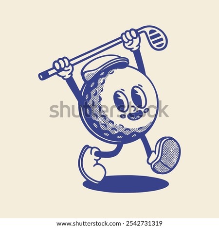 Groovy golf sport ball character in retro cartoon. Mascot, vector, icon, colection, sticker, vintage, illustration, set, funny, logo, comic, vintage, line art, logo