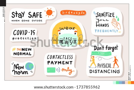 Set of New normal lifestyle lettering stickers. Concept of new lifestyle when go out home.   Vector illustration for web, print, scrapbook, card,ect. Health care, Coronavirus COVID-19 protection. 商業照片 © 