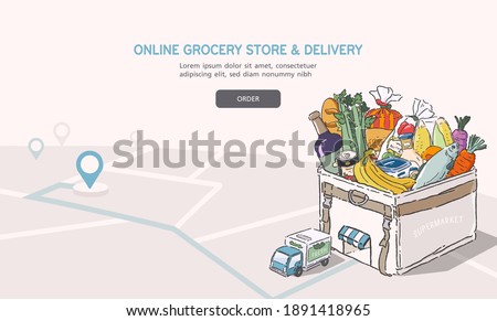 Vector illustration of an online grocery store. Concept of delivery service. Flat cartoon design banner.  
