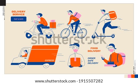 Set of delivery man icons. Food and parcel delivery service by truck, motorbike, bicycle and  kick scooter. New normal lifestyle, safe delivery service.